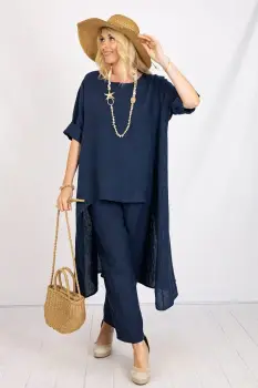 Compleu din in cu bluza tunica mai lunga in spate si pantaloni, bleumarin imagine