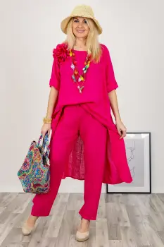Compleu din in cu bluza tunica mai lunga in spate si pantaloni, fucsia imagine