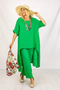 Compleu din in cu bluza tunica mai lunga in spate si pantaloni, verde deschis imagine