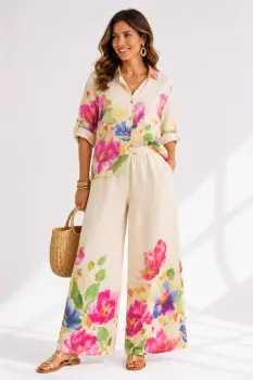 Compleu din in cu imprimeu floral acuarela, camasa lejera si pantaloni palazzo, bej imagine