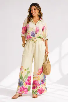 Compleu din in cu imprimeu floral acuarela, camasa lejera si pantaloni palazzo, galben pai imagine