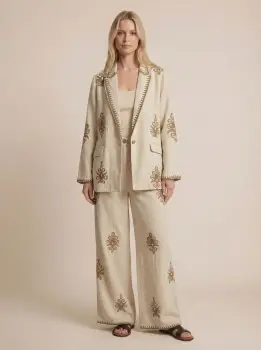 Compleu din in mercerizat bej cu broderie, sacou si pantaloni lejeri, stil elegant natural imagine