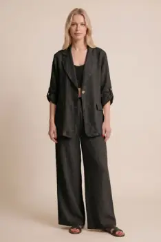 Compleu din in negru, sacou lejer si pantaloni largi, stil minimalist elegant imagine