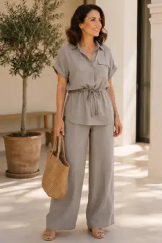 Compleu din vascoza cu pantaloni palazzo si bluza cu cordon, bej inchis imagine