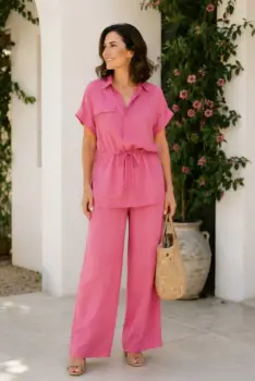 Compleu din vascoza cu pantaloni palazzo si bluza cu cordon, fucsia imagine
