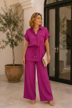 Compleu din vascoza cu pantaloni palazzo si bluza cu cordon, magenta imagine