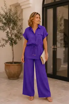 Compleu din vascoza cu pantaloni palazzo si bluza cu cordon, mov imagine