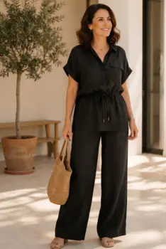 Compleu din vascoza cu pantaloni palazzo si bluza cu cordon, negru imagine