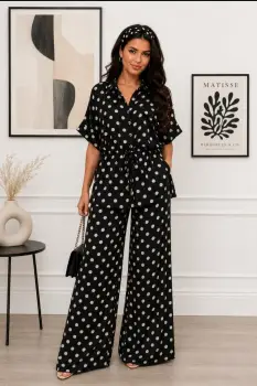 Compleu din vascoza cu pantaloni palazzo si bluza cu cordon, negru cu buline albe imagine