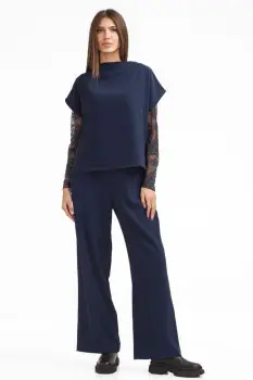 Compleu elegant dama cu bluza si pantaloni drepti, bleumarin imagine