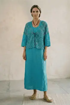 Compleu rochie lunga din in cu blazer dantelat si croi lejer boem elegant , turcoaz imagine