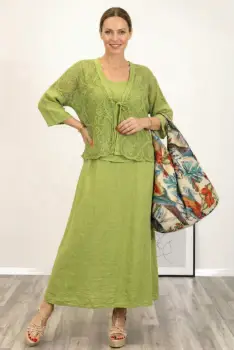 Compleu rochie lunga din in cu blazer dantelat si croi lejer boem elegant , verde olive imagine