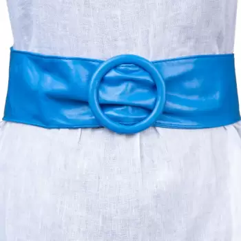 Curea albastra din piele ecologica cu latime de 7 cm, catarama rotunda imagine