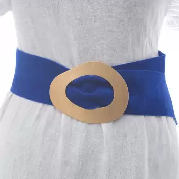 Curea albastra din piele intoarsa naturala cu latime de 8 cm, catarama aurie neregulata imagine