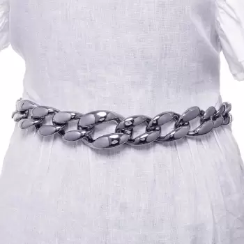 Curea argintiu inchis model lant cu zale mari, flexibila cu lant de prelungire imagine