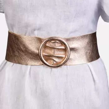 Curea aurie din piele naturala cu latime de 7 cm, catarama rotunda imbracata in piele imagine