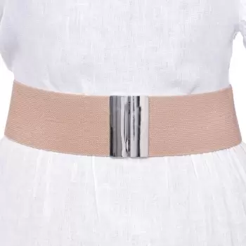 Curea bej 6 cm latime din material elastic, cu catarama argintie imagine