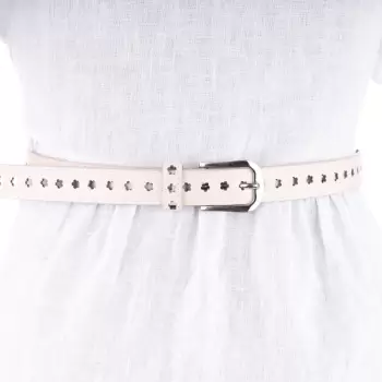 Curea bej de 2.5 cm cu flori decupate, din piele ecologica cu catarama metalica argintie imagine