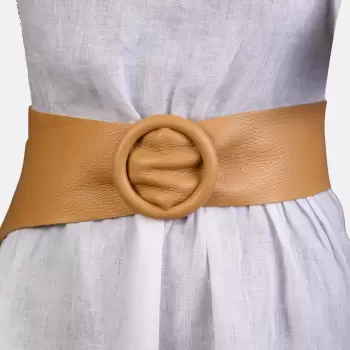 Curea bej din piele naturala cu latime de 7 cm, catarama rotunda imbracata in piele imagine