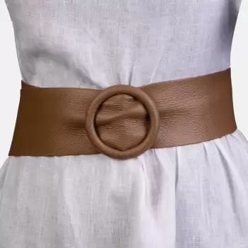 Curea bej inchis din piele naturala cu latime de 7 cm, catarama rotunda imbracata in piele imagine