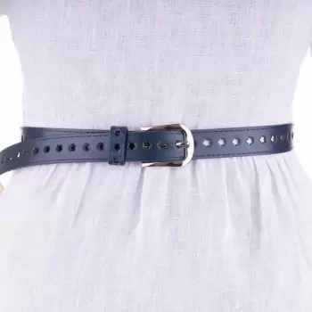 Curea bleumarin de 2.5 cm cu flori decupate, din piele ecologica cu catarama metalica argintie imagine