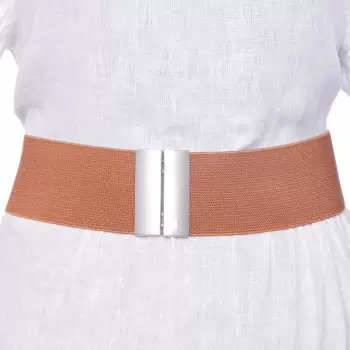 Curea camel 6 cm latime din material elastic, cu catarama argintie imagine