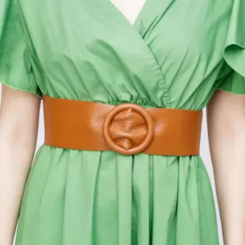 Curea camel din piele naturala cu latime de 7 cm, catarama rotunda imbracata in piele imagine