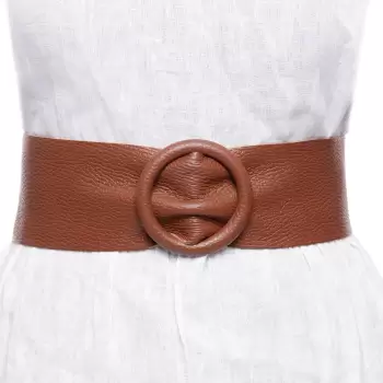 Curea coniac din piele naturala cu latime de 7 cm, catarama rotunda imbracata in piele imagine