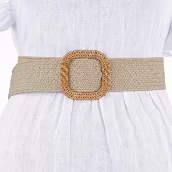 Curea din impletitura elastica bej inchis cu catarama patrata imagine