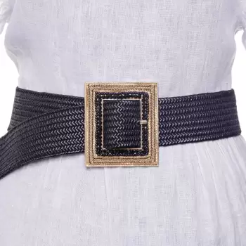 Curea din impletitura elastica neagra cu catarama metalica aurie decorata cu strasuri imagine