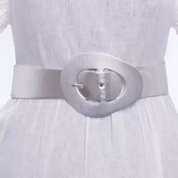 Curea din piele ecologica argintie cu catarama neregulata argintie si elastic cu lurex la spate imagine