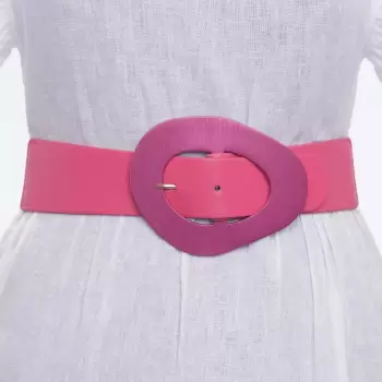 Curea din piele ecologica fucsia cu catarama neregulata metalica si elastic la spate imagine