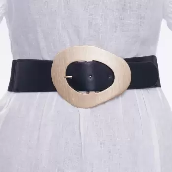 Curea din piele ecologica neagra cu catarama neregulata aurie si elastic la spate imagine