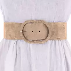 Curea din piele intoarsa ecologica cu catarama imbracata si elastic la spate, bej imagine