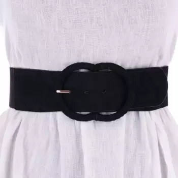 Curea din piele intoarsa ecologica cu catarama imbracata si elastic la spate, neagra imagine