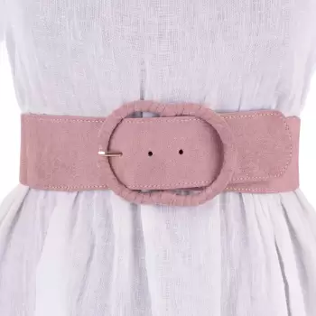 Curea din piele intoarsa ecologica cu catarama imbracata si elastic la spate, roz prafuit imagine