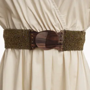 Curea elastica cu margelute din sticla auriu metalizat, catarama din lemn natural imagine