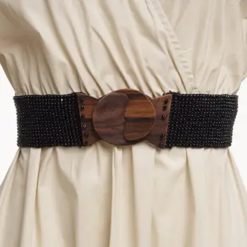Curea elastica cu margelute din sticla negru, catarama din lemn natural imagine