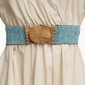 Curea elastica cu margelute din sticla turcoaz, catarama din lemn natural imagine