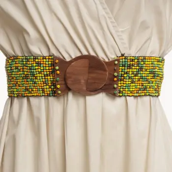 Curea elastica cu margelute din sticla verde, portocalii si galbene, catarama din lemn natural imagine