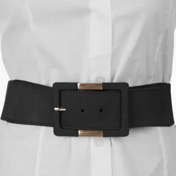 Curea elastica cu piele ecologica neagra si catarama dreptunghiulara cu decoratiune aurie imagine