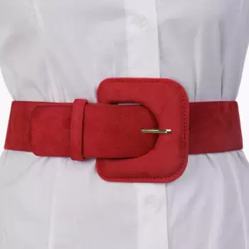 Curea elastica cu piele intoarsa ecologica rosie si catarama dreptunghiulara cu colturi rotunjite imagine