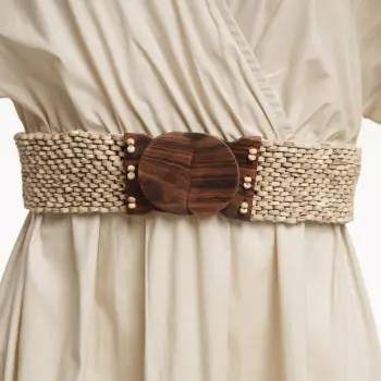 Curea elastica cu rondele din lemn natur, catarama din lemn natural imagine