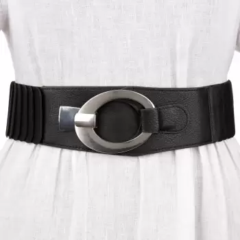 Curea elastica cu solzi din piele ecologica neagra de 6 cm latime cu catarama ovala argintie imagine