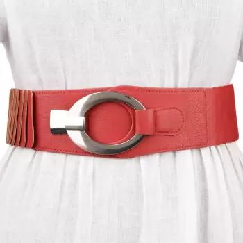 Curea elastica cu solzi din piele ecologica rosie de 6 cm latime cu catarama ovala argintie imagine