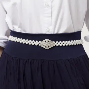 Curea elastica de 1,5 cm, realizata din margele tip perla cu catarama ovala cu strasuri imagine