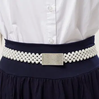 Curea elastica de 3 cm, realizata din margele tip perla cu catarama dreptunghiulara cu strasuri imagine