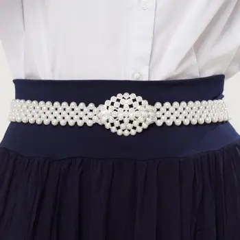 Curea elastica de 3 cm, realizata din margele tip perla cu catarama ovala cu perle imagine