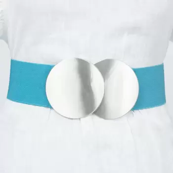 Curea elastica turcoaz 6 cm latime cu doua cercuri argintii catarama imagine