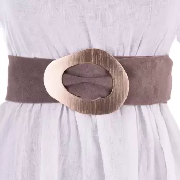 Curea fango din piele intoarsa naturala cu latime de 8 cm, catarama aurie neregulata imagine